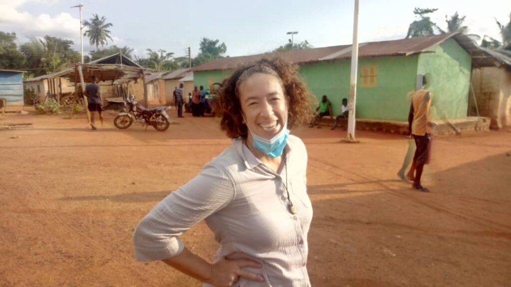 Author Kristy Leissle in Susanso village, Ghana Western Region, after interviewing Daniel Aboagye