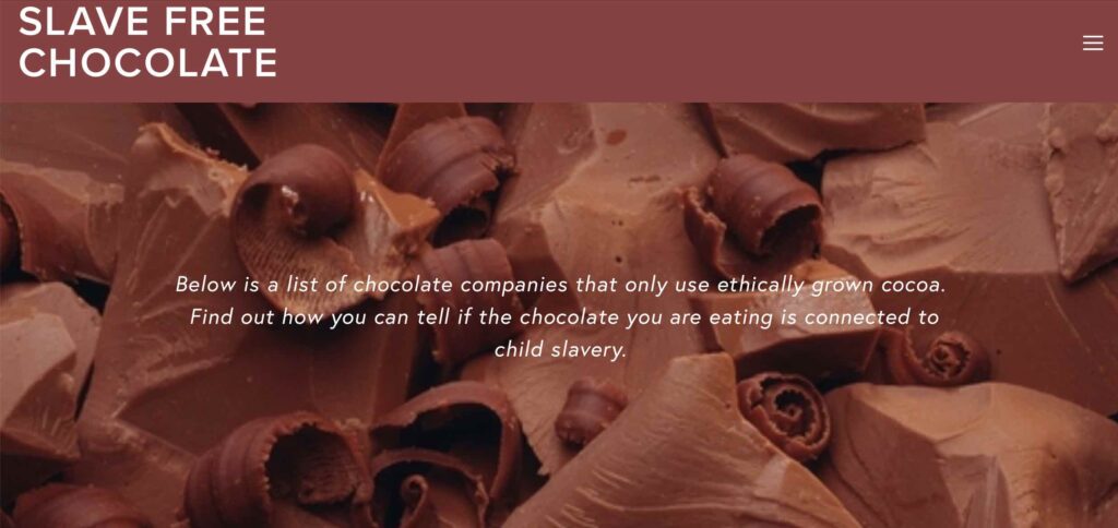 Screenshot of Slave Free Chocolate ethical brands page header